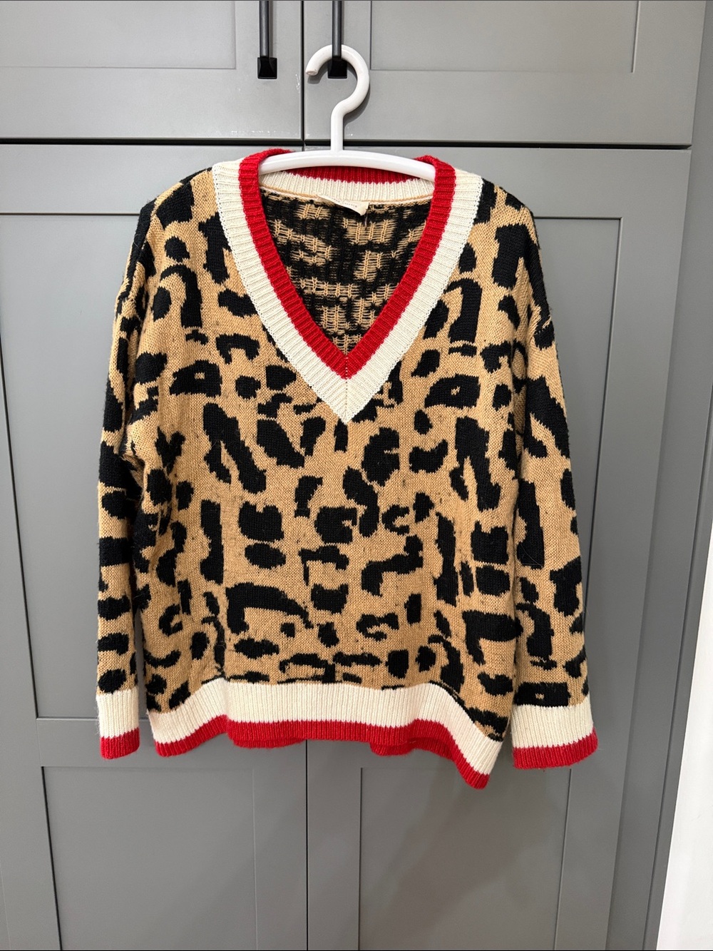 Leopard-Print V-Neck Oversized Sweater Sz M/L with Red & Cream Trim